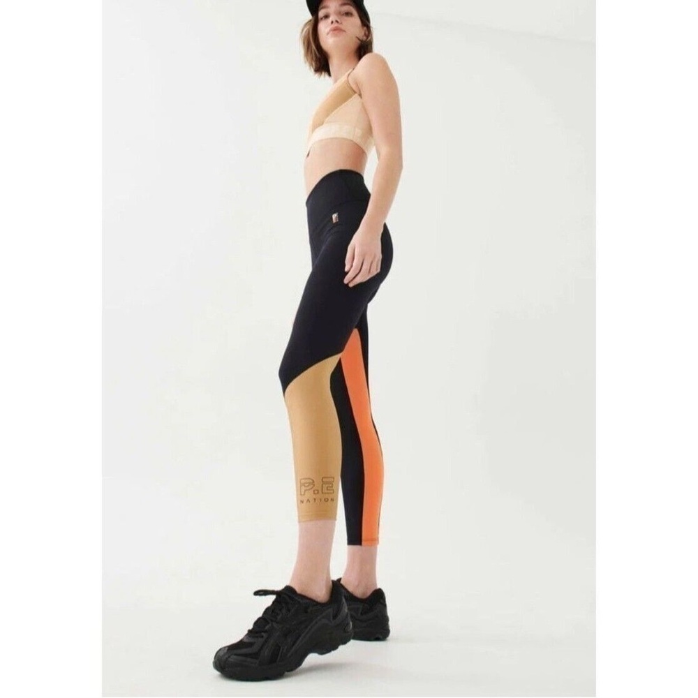 Sz S P.E NATION Leggings Comeback Colorblock Black Orange Tan Spellout Logo - Picture 4 of 9